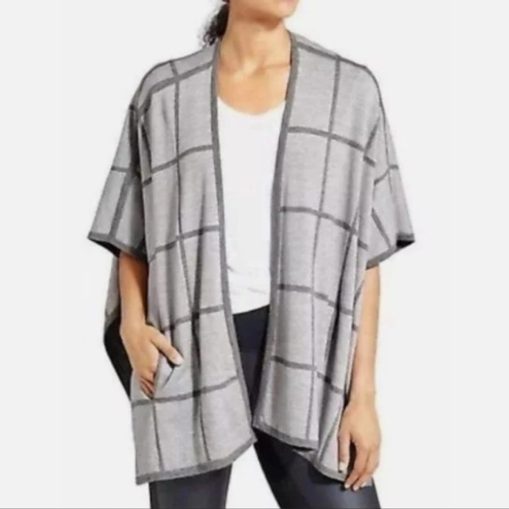 Athleta reversible windowpane poncho cardigan sweater gray OS‎ NWT